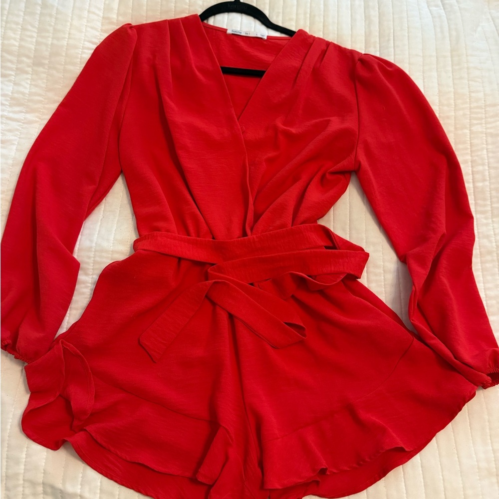 Red Wrap-Front Long Sleeve Romper